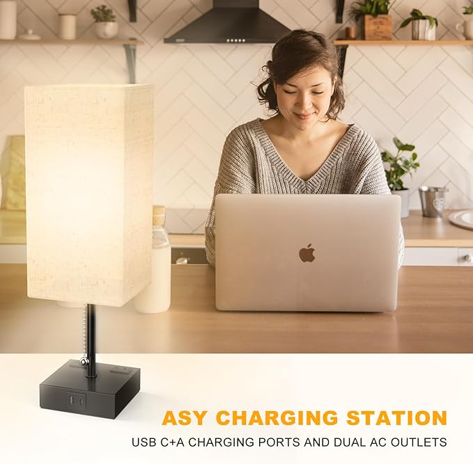 Table Lamp for Bedroom with USB, Bedside Lamp with USB C+A Charging Ports
