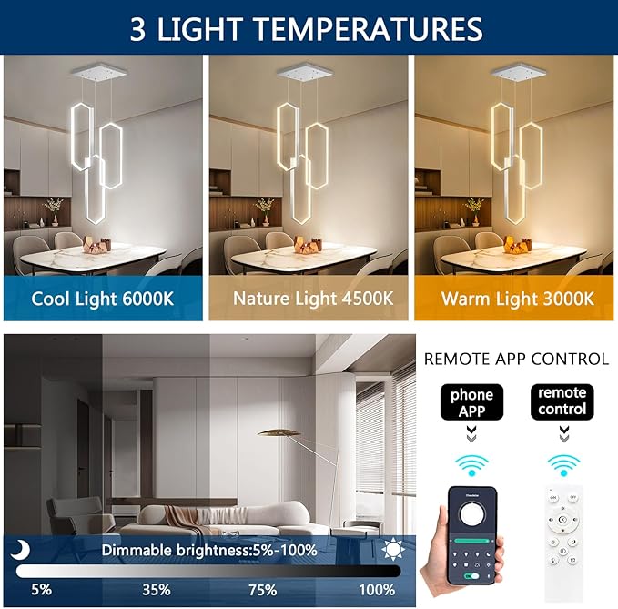 3-Rings Dimmable Pendant Lighting Adjust LED Chandelier Ceiling Light Fixtures