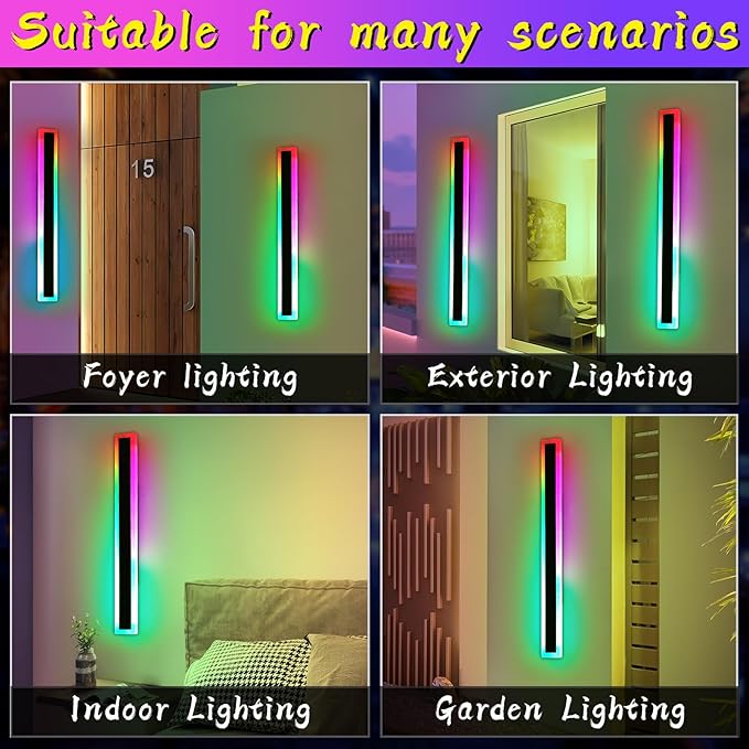 2 Pack Modern Outdoor Wall Light, 59inch RGB LED Wall Sconce, IP65 Waterproof