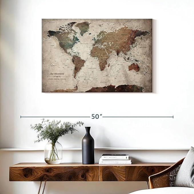 ElephantStock - Our Adventures World Map With Push Pin Iii Wall Art - Horizontal Canvas Wall Art - Living Room Wall Decor - Printmaking Map Canvas Art - Beige And Brown Decor - 36" x 24"