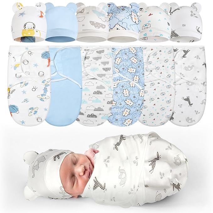 Ramede 6 Pack Preemie Swaddle Blanket with Hats Sleep Swaddle for Baby Boy Girl Preemie Newborn Sacks Soft Cotton Wearable(Planet,Blue)