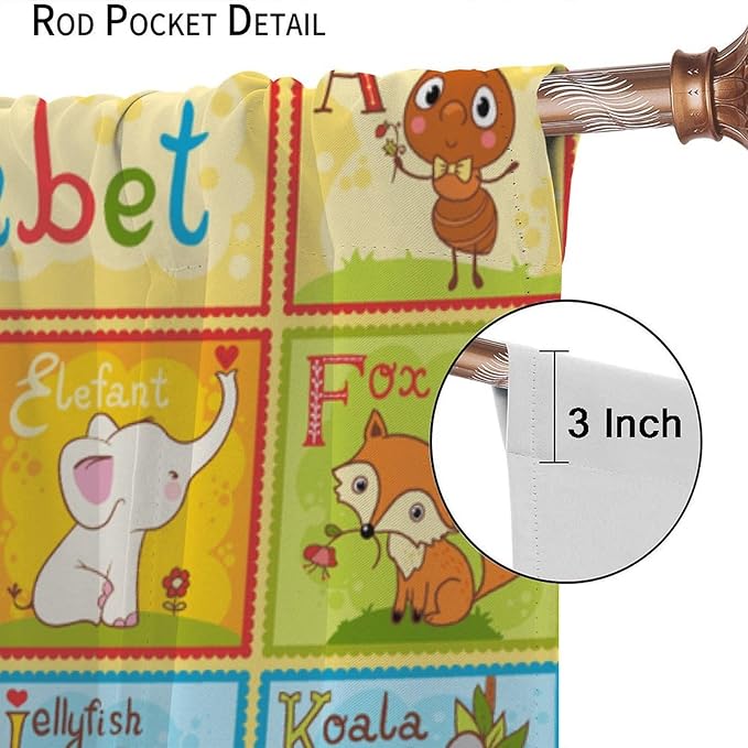 Alphabet Curtains Kids Educational Learning Tool Baby Cartoon Animals Colorful Curtain with Rod Pocket for Bedroom Living Room Decor Drapes Window Treatments 2 Panels Set 42" W X 45" L
