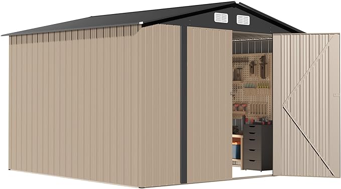 8×10 FT Metal Shed Outdoor with Peaked Roof, Weather Resistant Outdoor Storage Shed with Lockable Double Doors for Backyard, Patio Lawn, Garden