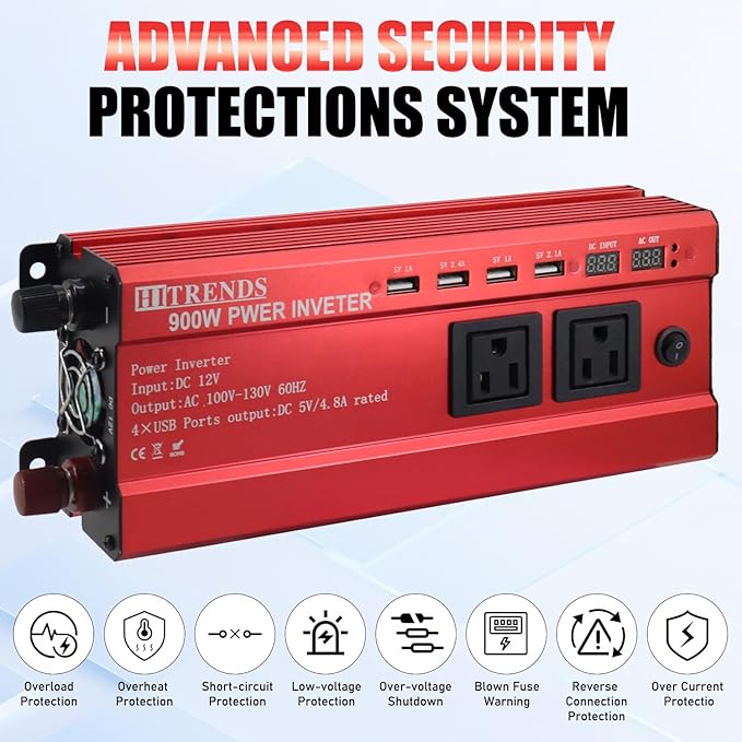 HITRENDS 900W Car Power Inverter 12V to 110V, DC to AC Converter with 4 USB Ports (24W Quick Charge) & 2 AC Outlets, for Camping, RV, Laptop, CE, FCC and ROHS Certified