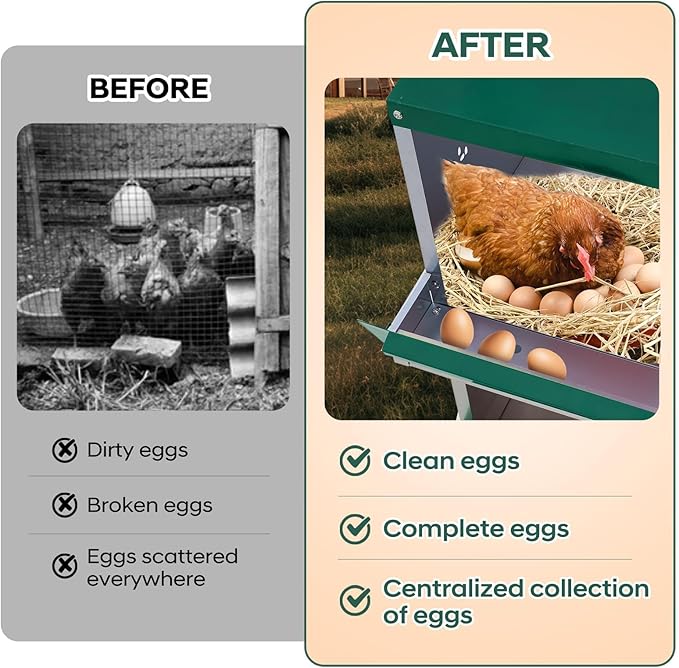 Nesting Boxes for Chickens, 3 Compartments, Nesting Boxes with 4 Dummy Eggs and 10 Dampproof Pets Mats, Green, Stainless Steel, Wall-Mountable & Roll Away Design with Stand
