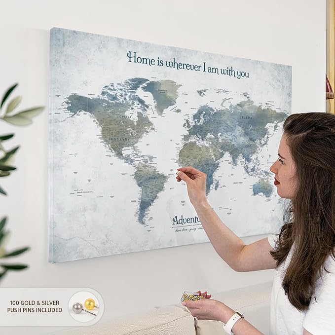 ElephantStock - Home With You II Push Pin World Map Wall Art - Horizontal Canvas Wall Art - Living Room Wall Decor - Digital Art Map Canvas Art - Blue And Gray Decor - 39" x 26"