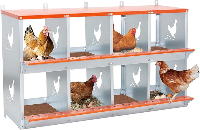 Chicken Nesting Boxes, 8 Rooms Hens Nest Box, Metal Poultry Nest Box Wall Mount for Chickens Egg Laying Box Collection Vented Holes Chicken Coop Cages Equipment, Orange (8 Rooms)