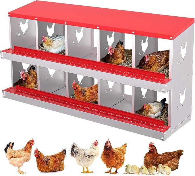 Chicken Nesting Box, Heavy-Duty Metal Chickens Laying Boxes with 10 Compartments, Large Vented Holes Hens Laying Box, Chicken Coop with Rollout Egg Collection, Wall Mount - Red