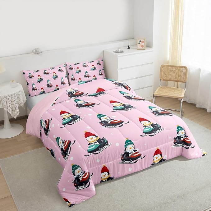 Feelyou Christmas Kids Comforter Set King Size Pink Penguin Bedding Set Cartoon Penguin Skiing Duvet Quilt for Kids Boys Girls Bedroom Snowflake Decor Microfiber Ultra Soft Breathable