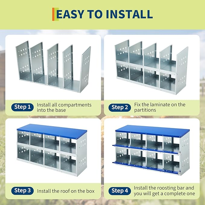 Heavy Duty Galvanized Steel Chicken Nesting Box – 8 Compartments, Wall Mounted/Floor, Ventilated, Resting Platform, Easy Clean, Rollaway Egg Collection, Blue, 128×48×71cm, Without Cover