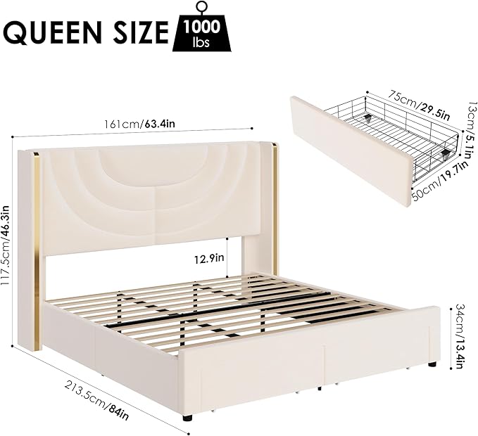 HITHOS Queen Upholstered LED Bed Frame with 2 Storage Drawers, Velvet Platform Bed with Wingback Headboard, Solid Wooden Slats Support, No Box Spring Needed, Headboard Splicing Design, Beige
