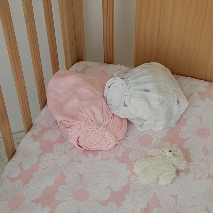 Gllquen Baby Muslin Mini Crib Sheets 3 Pack, Breathable Pack and Play Sheets Fitted Soft Cozy Cotton Pack N Play Sheets for Baby Boy Girls, Universal Fitted Mini Crib Mattresses 38"x26" (Pink)