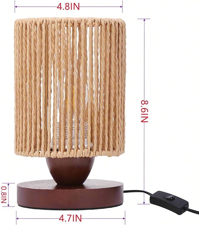 Small Rattan Table Lamp for Bedroom, Boho Bedside Lamp