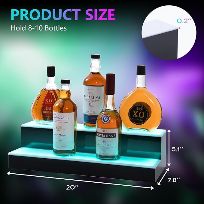 Led Lighted Liquor Bottle Display Shelf, 20 Inch 2 Tier Whiskey Rack, Support