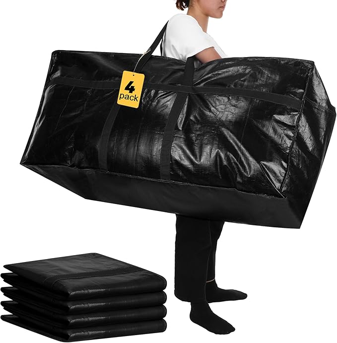 4 Pcs 66 Gallon Large Moving Bags with Zipper and Handles Foldable Storage Duffle Bags Heavy Duty Extra Large Totes for College Dorm Travel Clothes Blankets Bedding Moving (Black)