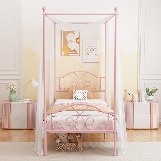 Weehom Princess Canopy Bed Frame with 4 Posters, Sturdy Metal Platform Mattress Foundation with Headboard&Footboard No Box Spring Needed Twin Size Bed for Kids Girls Adults Pink