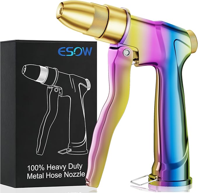 ESOW Heavy Duty Metal Garden Hose Nozzle, High Pressure Water Hose Nozzle with 4 Spray Patterns Rotating, Ideal for Outdoor Lawn & Garden Watering, Car & Pet Washing, Rainbow