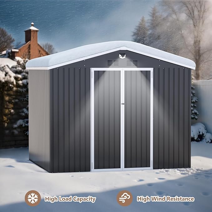 10x8 FT Outdoor Storage Shed, Metal Garden Shed - Tool Storage Sheds with Lockable Doors, Waterproof Outside Storage Building for Backyard, Patio (Black; Floor Not Included)