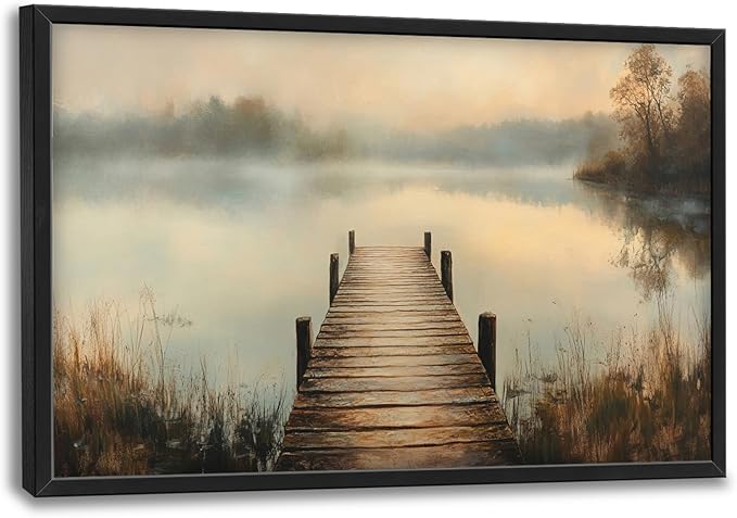 Olivine Large Wall Art, Retro Lake Pictures Wall Decor, Pier Painting, Nature Landscape Canvas Prints, Framed Artwork for Bathroom Bedroom Living Room Office Home Decoration 36"x24"