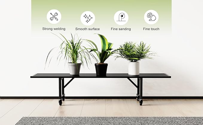 Zhongma One Tier Metal Plant Stand with Wheels,(45.67 L x 8.66 W x 10.3 H) Heavy Duty Plant Holder for Home, Window,Garden, Plant Lovers, Display Stand