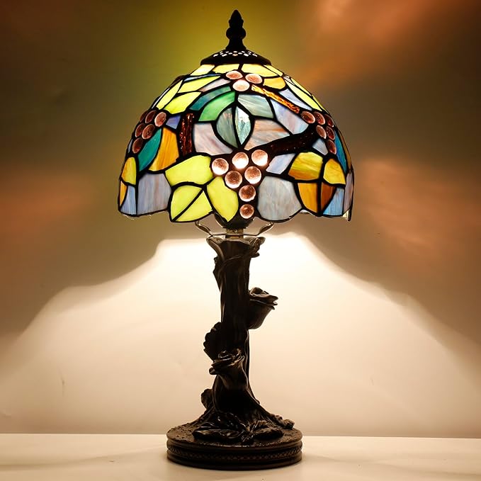 Small Tiffany Lamp Stained Glass Table Lamp Amber Grape Style Bedside Desk