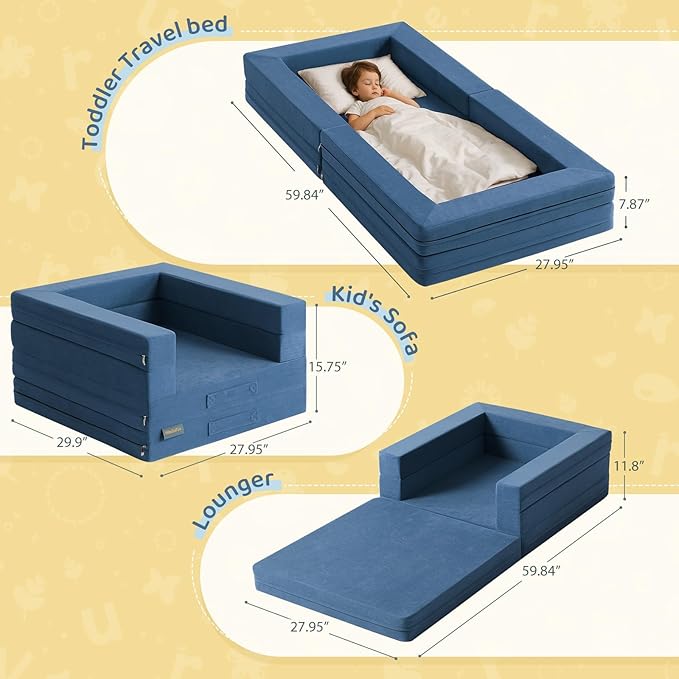 Travel Toddler Bed, 3-in-1 Convertible Sofa Bed for Toddler Portable Floor Beds, Flip Open Sofa Lounger for Girls and Boys, Made with High-Density Foam and Washable Cover,Blue