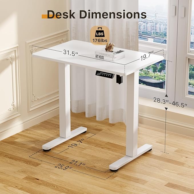 JOY worker Small Electric Standing Desk, 31.5" x 20" Whole Piece Height Adjustable Desk with Memory Controller, White Sit to Stand Workstation for Home Office