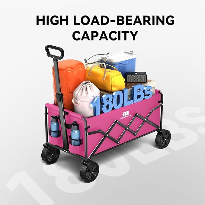 Collapsible Folding Wagon, Heavy Duty Pink Foldable Wagon Cart with Wheel, Lightweight Utility Grocery Cart with 200lbs Weight Capacity for Garden, Beach, Camping Sports, Fishing