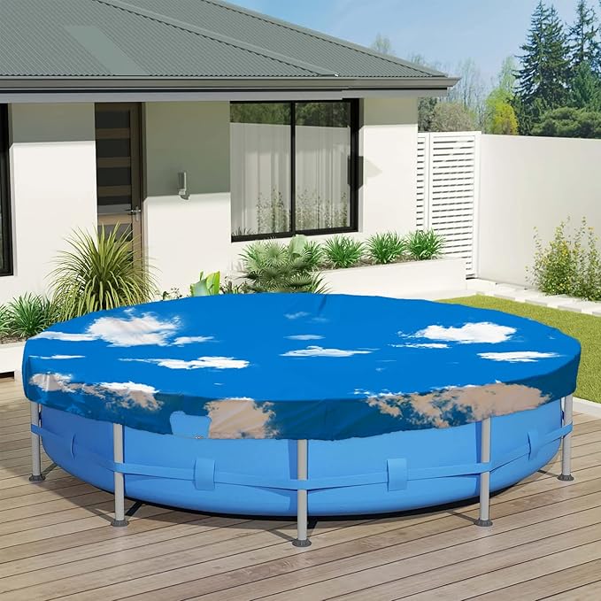 ECOOPTS 16 ft Waterproof Round Polyester Pool Cover for Above Ground Pools, Swimming Pool Cover Protector Winter Safety Cover (Blue Sky)