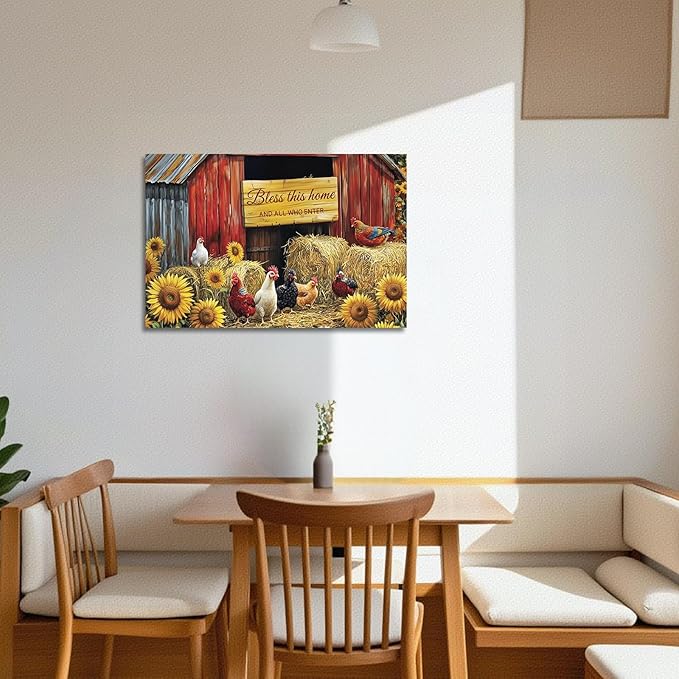YMXDYMJSW Rooster Canvas Wall Art Chicken with Sunflower Pictures Farm Animal Prints Chicken Coop Paintings Inspirational Quotes Artwork for Kitchen Decor Frame (Brown,28L x 42W)
