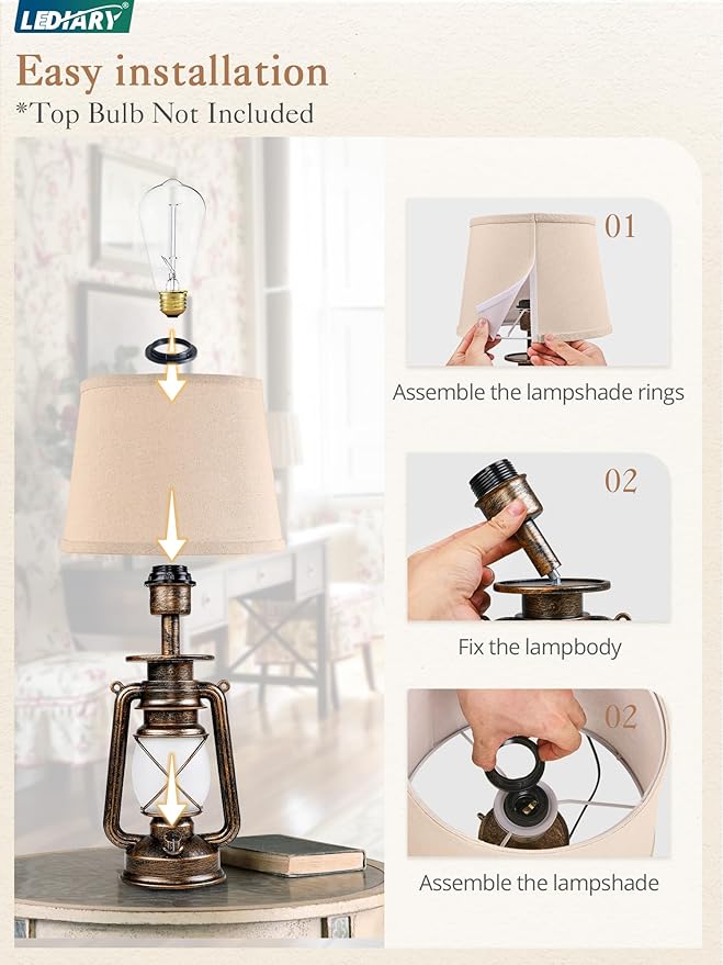 LEDIARY 18.72" Black Gold Vintage Lantern Flickering Flame Table Lamps