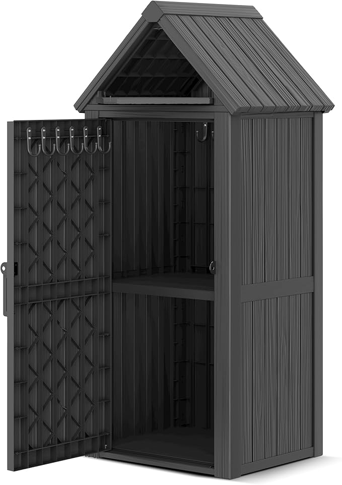 Outdoor Storage Shed – Durable Resin with Sloping Roof and Lockable Door, Waterproof Storage Cabinet with Ample Space, Multiple Hooks for Backyard, Garden, Patio & Lawn Black