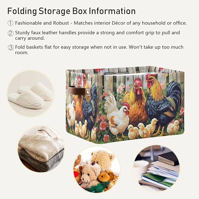 ALAZA Rooster Chicken Hen Garden Farm Foldable Storage Box Storage Basket Canvas Storage Bin with Handle Rectangular Decorative Fabric File Box for Shelf Closet, 2 Pack