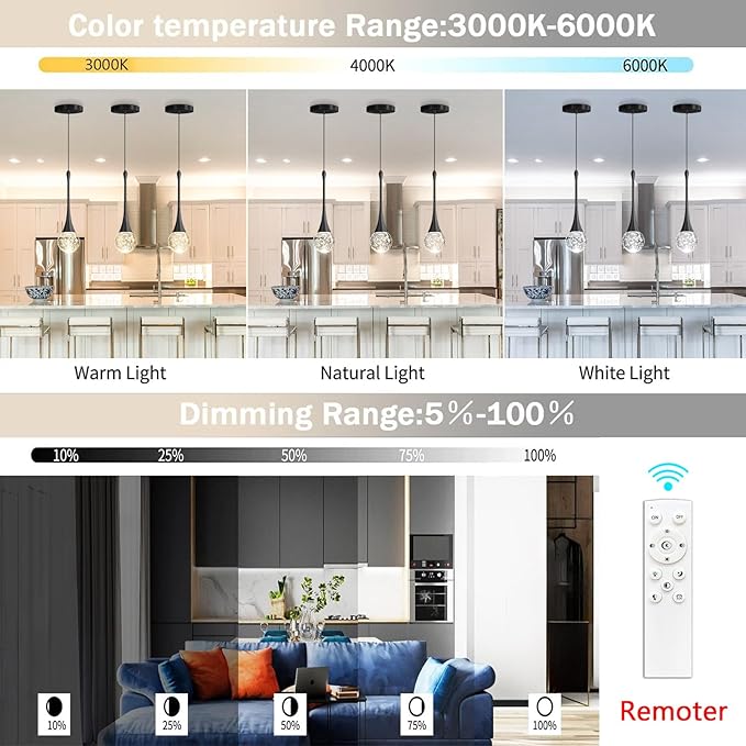 Modern Pendant Lights for Kitchen Island LED Dimmable Crystal Glam Ceiling
