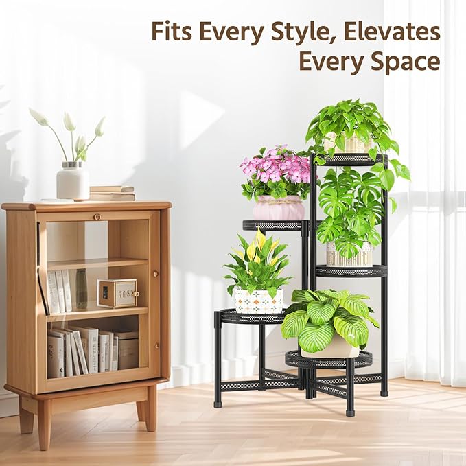 LASZOLA 5 Tiered Folding Tall Plant Stand for Indoor Outdoor Corner, Larger Heavy Duty Metal Adjustable Multiple Rack with 10 Inch Wide Hollow Tray, Flower Planter Holder for Modern House Patio, Black