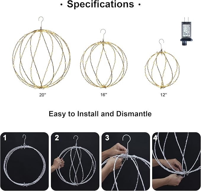 LIGHTSHARE 248LED 12IN+16IN+20IN Light Ball Yard Decoration Pathway Lights White Sphere Light Fold Flat Metal Frame Indoor Outdoor Waterproof Garden Lights, Plug in(Set of 3)