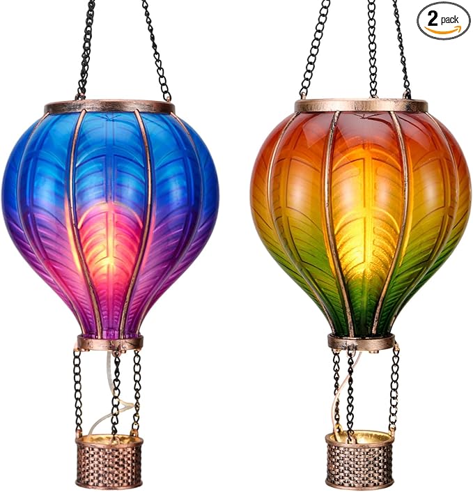 TERESA'S COLLECTIONS 2 Pack Hanging Solar Lantern Outdoor Garden Decor for Valentine ,Waterproof Plastic Hot Air Balloon Orange Flickering Flame Effect Lantern for Yard Tree,Gift for Mom,18"