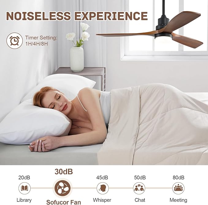 Sofucor Smart Ceiling Fan with Light, 52 Inch Solid Wood Ceiling Fans with