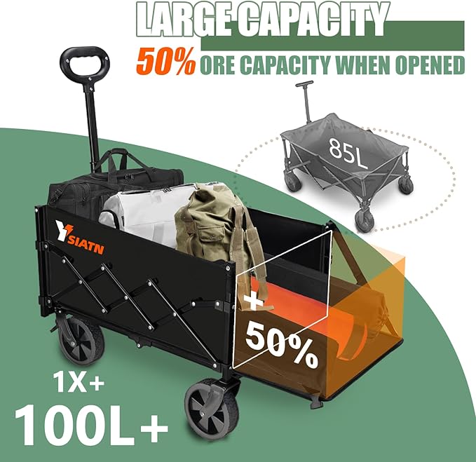 Collapsible Folding Wagon Cart with Tailgate - 300lbs Heavy Duty Foldable Utility Wagon and Brake Wheels - 100L Lightweight Grocery Wagons for Shopping Camping Sports Garden, Black