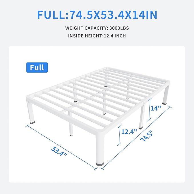 MAF 14 Inch Full Size Metal Platform Bed Frame White with Round Corner Legs, 3000 LBS Heavy Duty Steel Slats Support, Noise Free, No Box Spring Needed, Easy Assembly