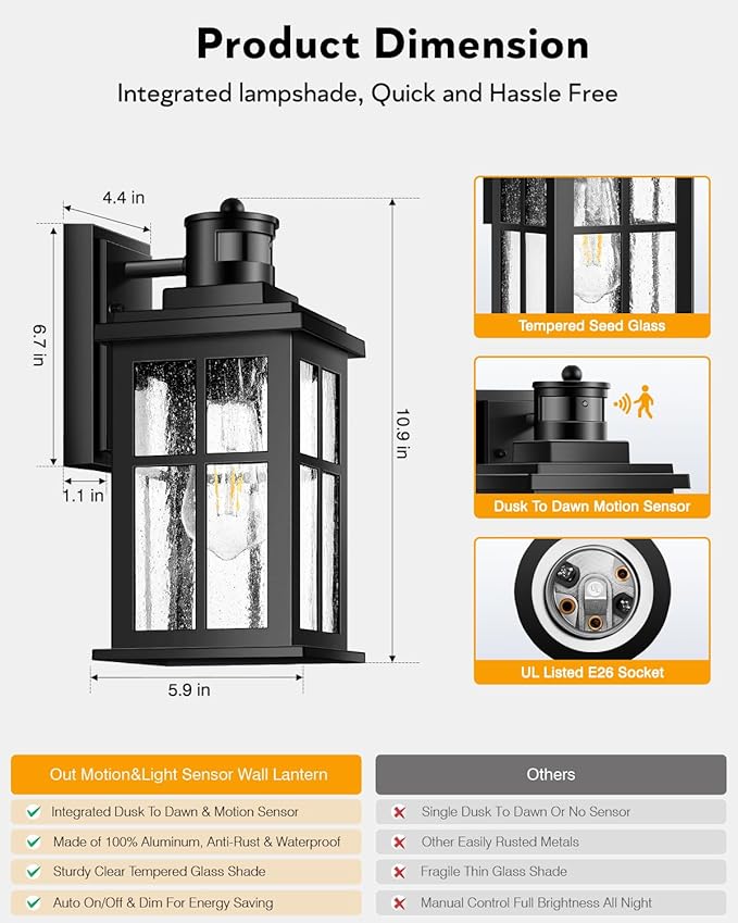 VIANIS Motion Sensor Outdoor Light Fixtures Wall Mount, Anti-Rust Waterproof