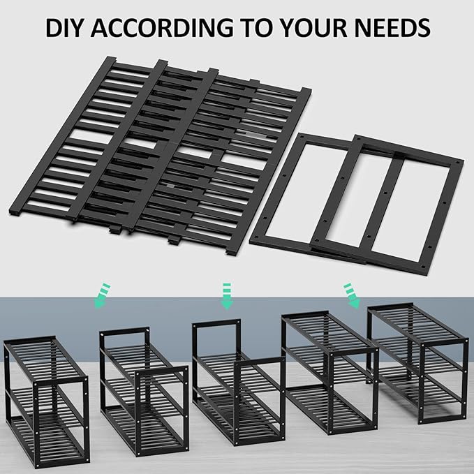 Bamboo Shoe Rack for Entryway, Stackable 3 Tier Shoe Organizer Shelf Storage 9-12 Pairs Shoes Stand Cubby for Closet Door Hallway Bedroom Garage Black, Thanksgiving