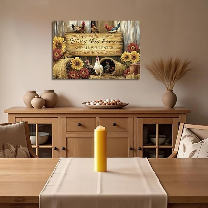 YMXDYMJSW Rooster Canvas Wall Art Chicken with Sunflower Pictures Farm Animal Prints Chicken Coop Paintings Inspirational Quotes Artwork for Kitchen Decor Frame (Red,28L x 42W)