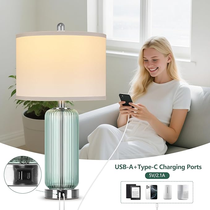 Table Lamps Set of 2 with Vertical Grained Glass, Teal Bedside Table Lamp