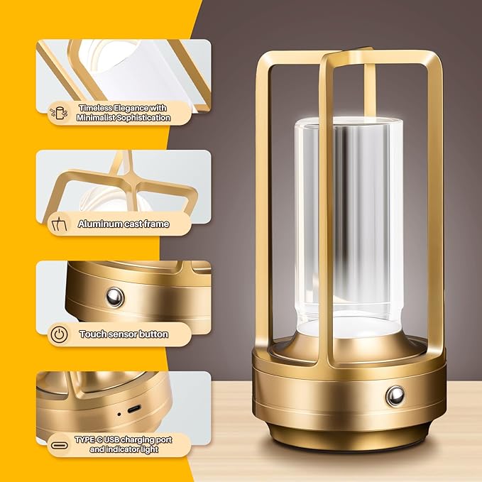 Rechargeable Table Lamp Cordless, 3 Color | Crystal | Stepless Dimming