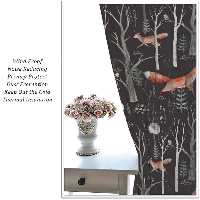 Rustic Forest Curtain, Woodland Country Hunting Animal Deer Fox Wildlife Bear Farmhouse Lodge Cabin Blackout Rod Pocket Windows Door Curtain for Bedroom Living Room Home Decor 42x63in