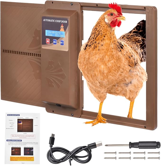 Programmable Chicken Automatic Door with Timer and LCD Display Double Power Supply(USB Charging/Battery Holder) Chicken Coop Door Anti-Pinch Protection for Poultry Coffee