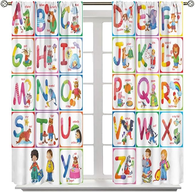 Kids Alphabet Curtains Cartoon Animal Funny Education Learning Curtain with Rod Pocket for Bedroom Nursery Children Toddler Decor Drapes Window Treatments 2 Panels Set 63" W X 63" L