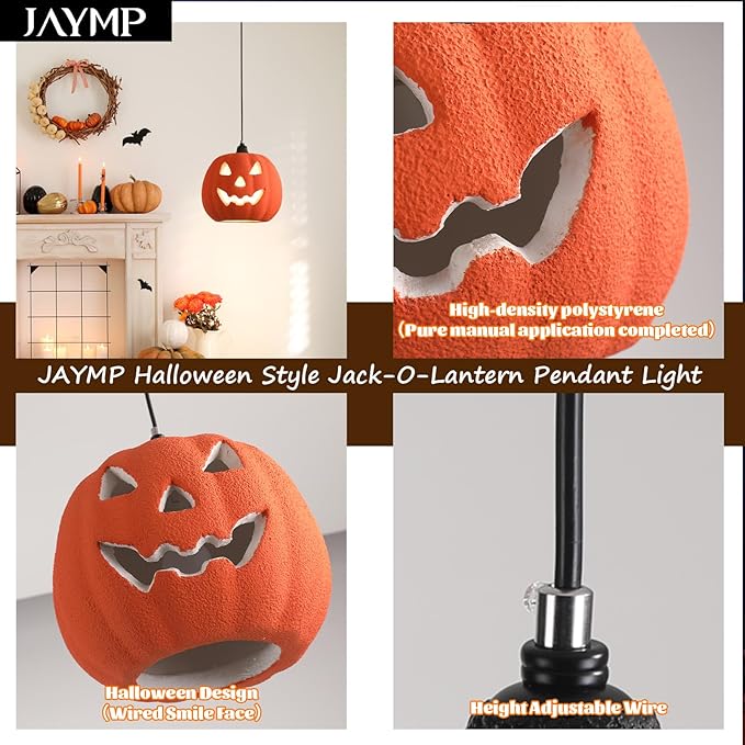 JAYMP Halloween Light Up Pumpkin Pendant Light, Jack O Lantern, Living Dining