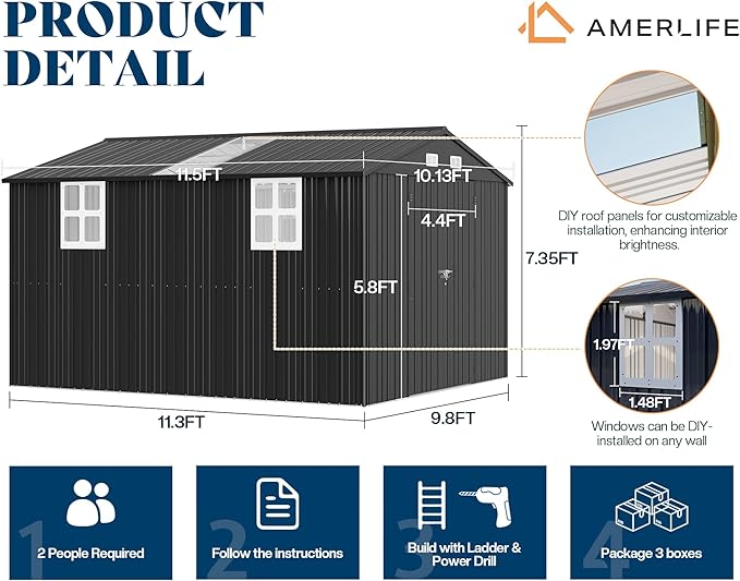 AMERLIFE 10x11.5x7.4 FT Galvanized Steel Storage Shed with 2 Transparent Panels, 2 4-Pane Windows & Hinged Double Doors, Outdoor Shed for Backyard, Patio, Garden, Dark Gray